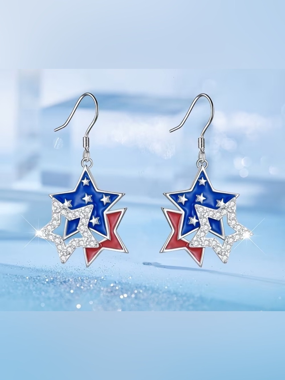 Patriotic Star Drop Earrings in Blue, Red & Silver